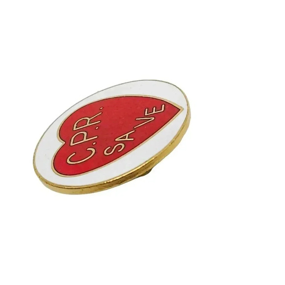 White Red Enamel C.P.R.SAVE Heart Brooch Pin Gold Tone Vintage - Picture 3 of 4
